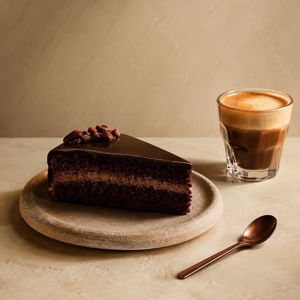 Chocolate cake beside a cortado (illustrative)
