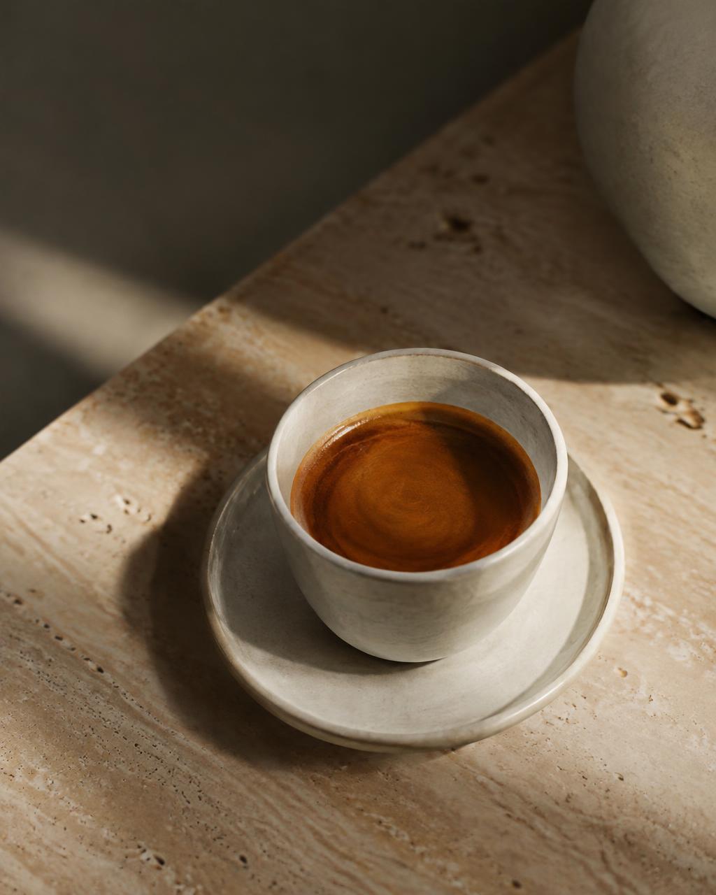 Espresso in a ceramic cup on travertine (illustrative)