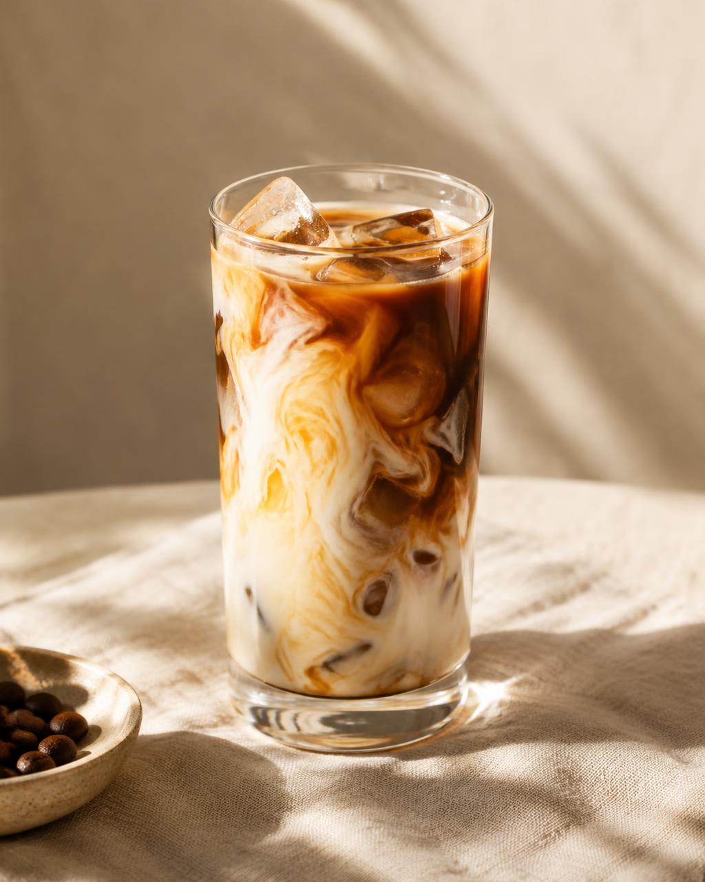 Iced latte with milk swirling into espresso (illustrative)
