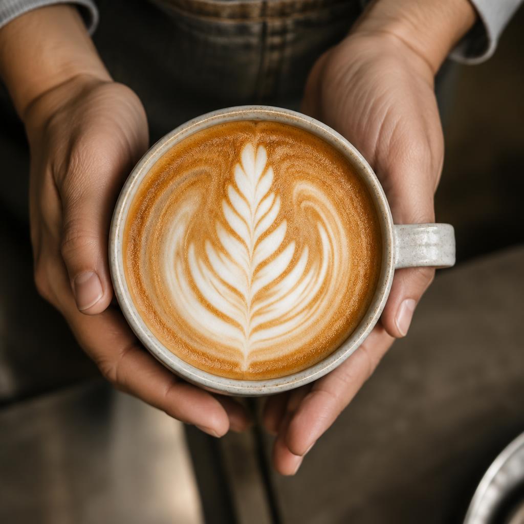 Latte art rosetta held in two hands (illustrative)
