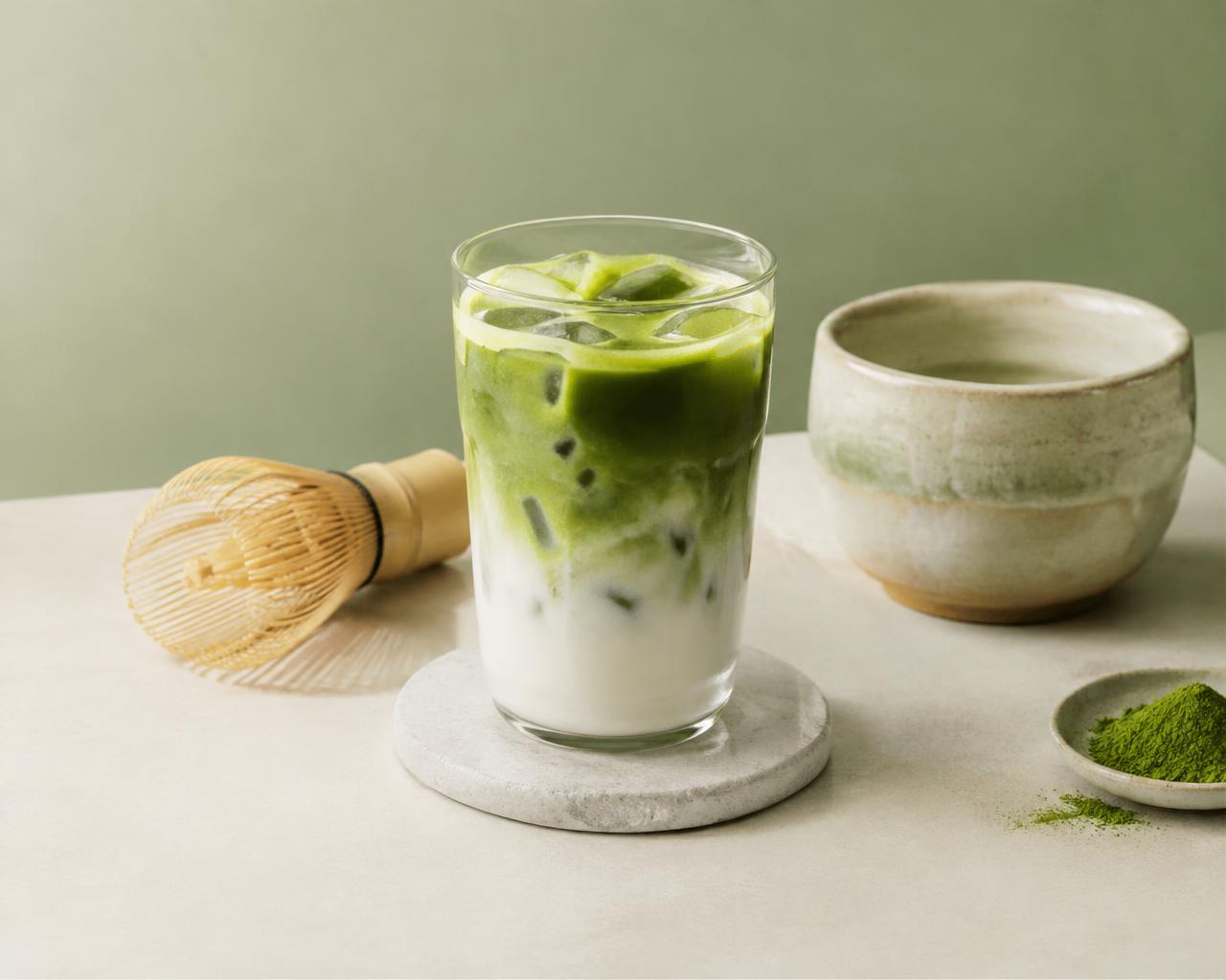 Iced matcha latte with a bamboo whisk (illustrative)